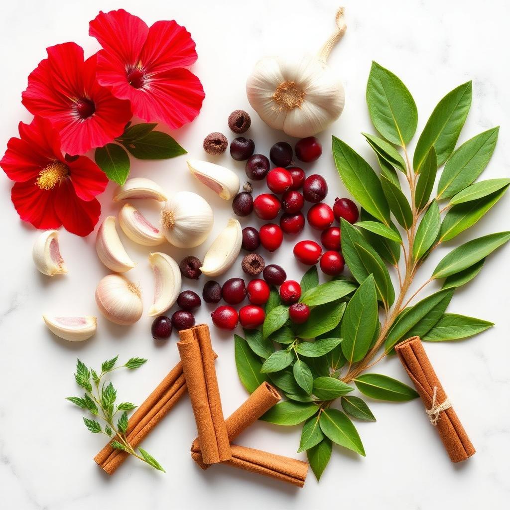 Natural herbal ingredients: hibiscus, garlic, olive leaves, hawthorn berries